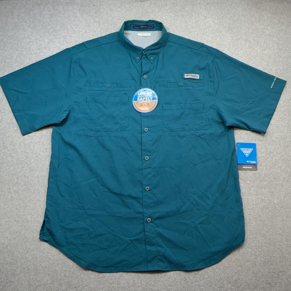 Columbia Tamiami II Shirt Mens Large Teal Blue Short Sleeve Fishing Vented UPF